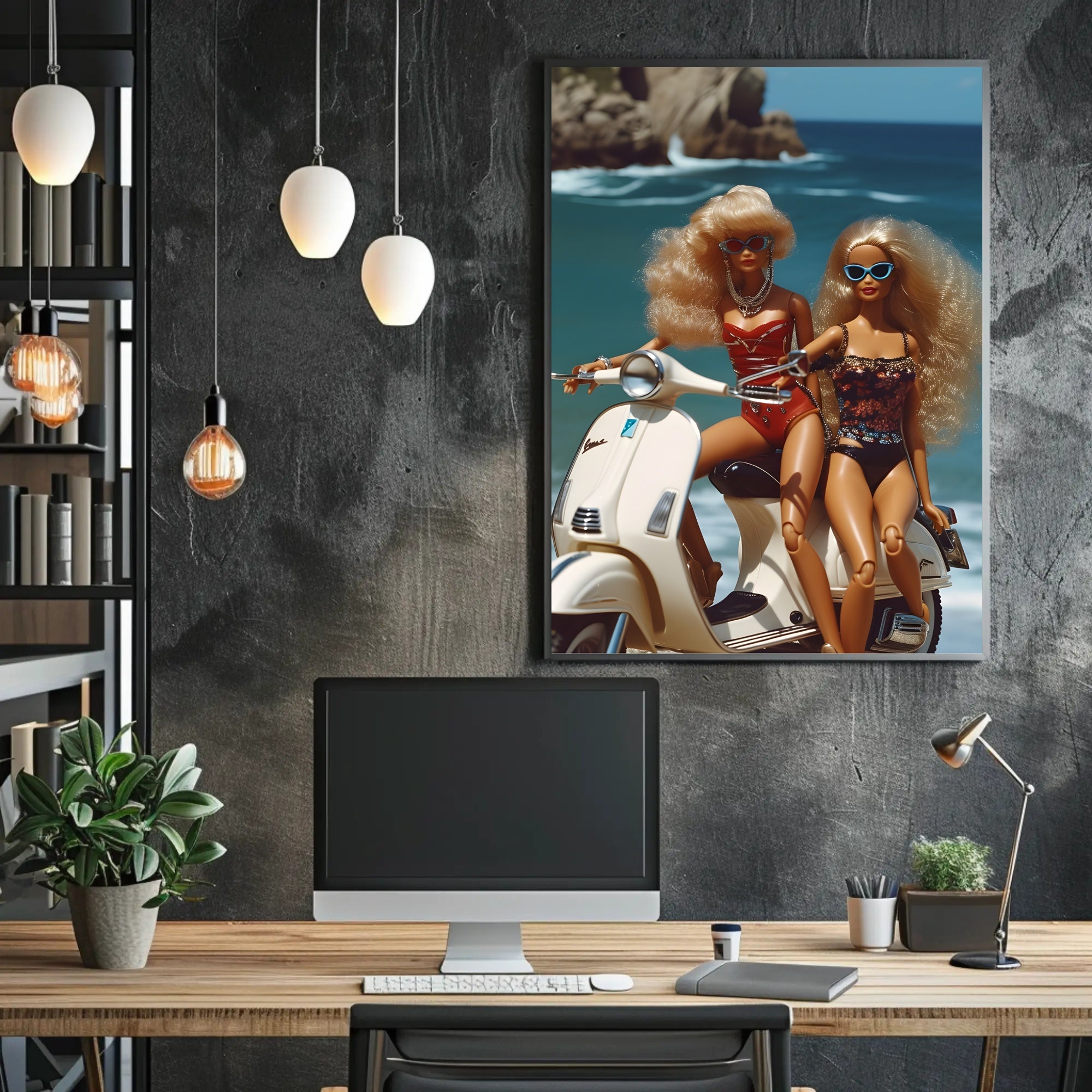 Beach Glamour: Vibrant Dolls on Scooter Travel Poster PosterGoat