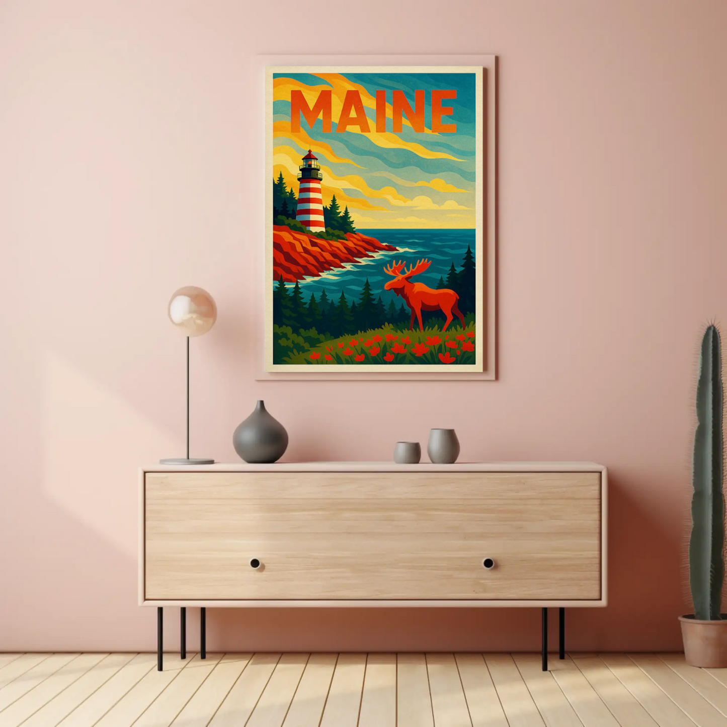 Maine Lighthouse Moose Forest Coastal View Poster