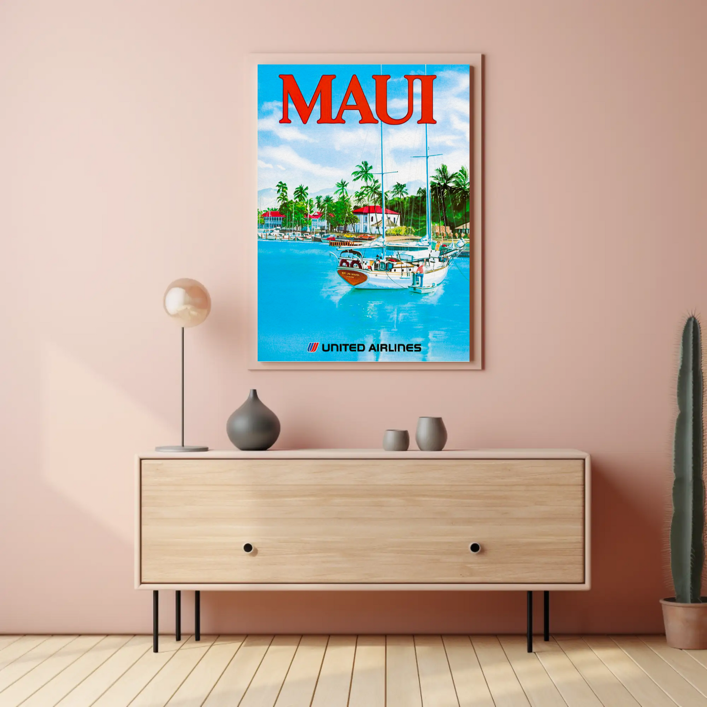 Maui Hawaii Harbor Sailboats Airlines Travel Poster