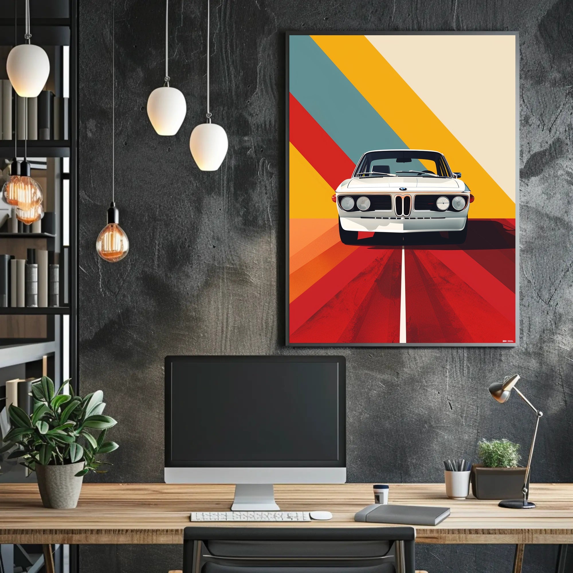 Classic White Car Adventure Vibrant Abstract or Artistic Poster PosterGoat