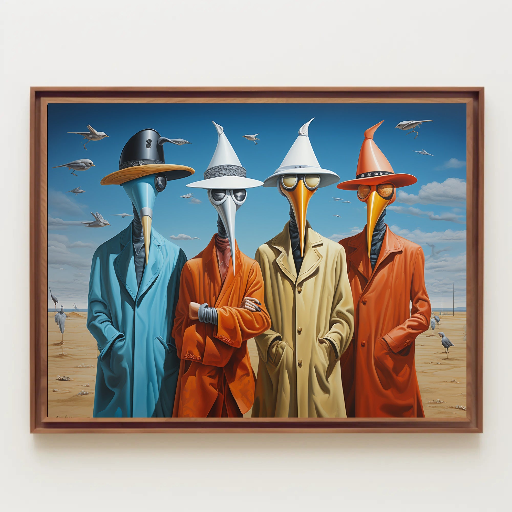 Surreal Characters in Elongated Beak Masks: Artistic Poster
