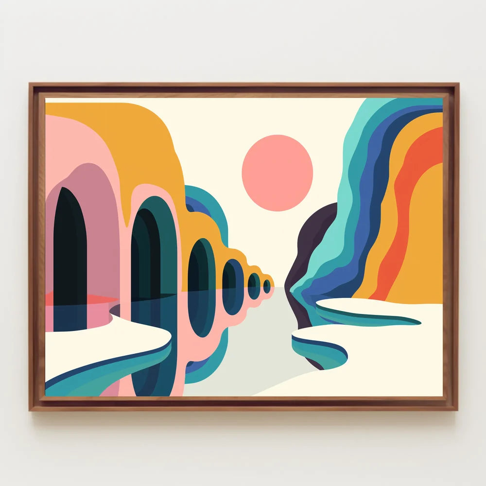 Vibrant Abstract Landscape Poster with Surreal Caves