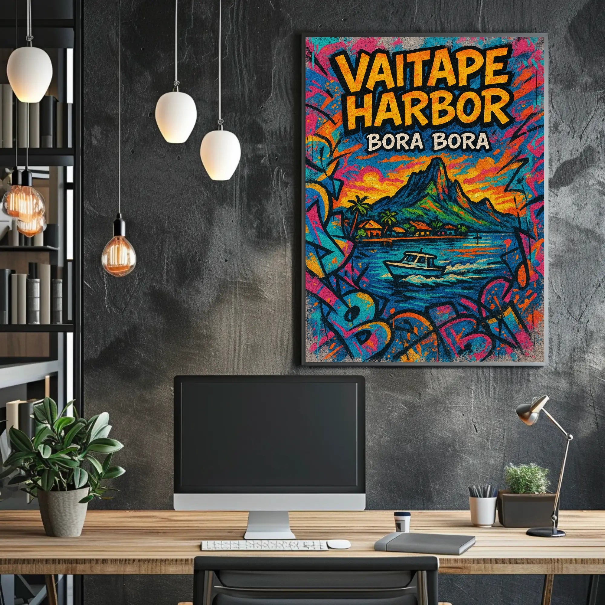 Vaitape Harbor Poster Bora Bora Colorful Travel Art