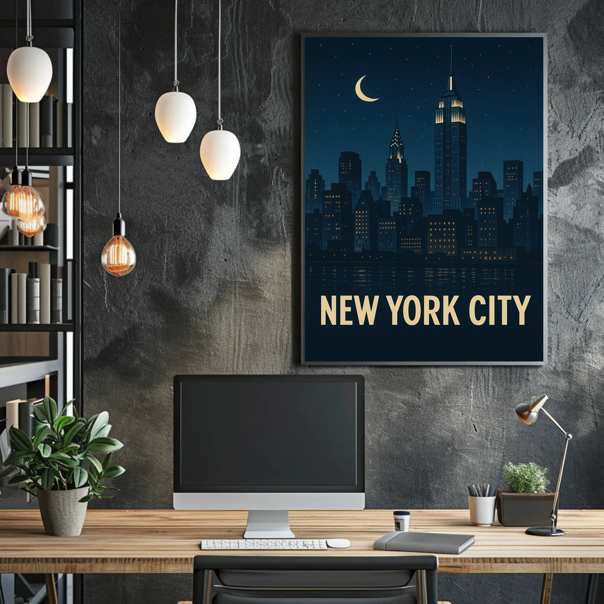New York City Nightscape Skyline Poster Vintage Wall Art