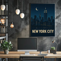 New York City Nightscape Skyline Poster Vintage Wall Art