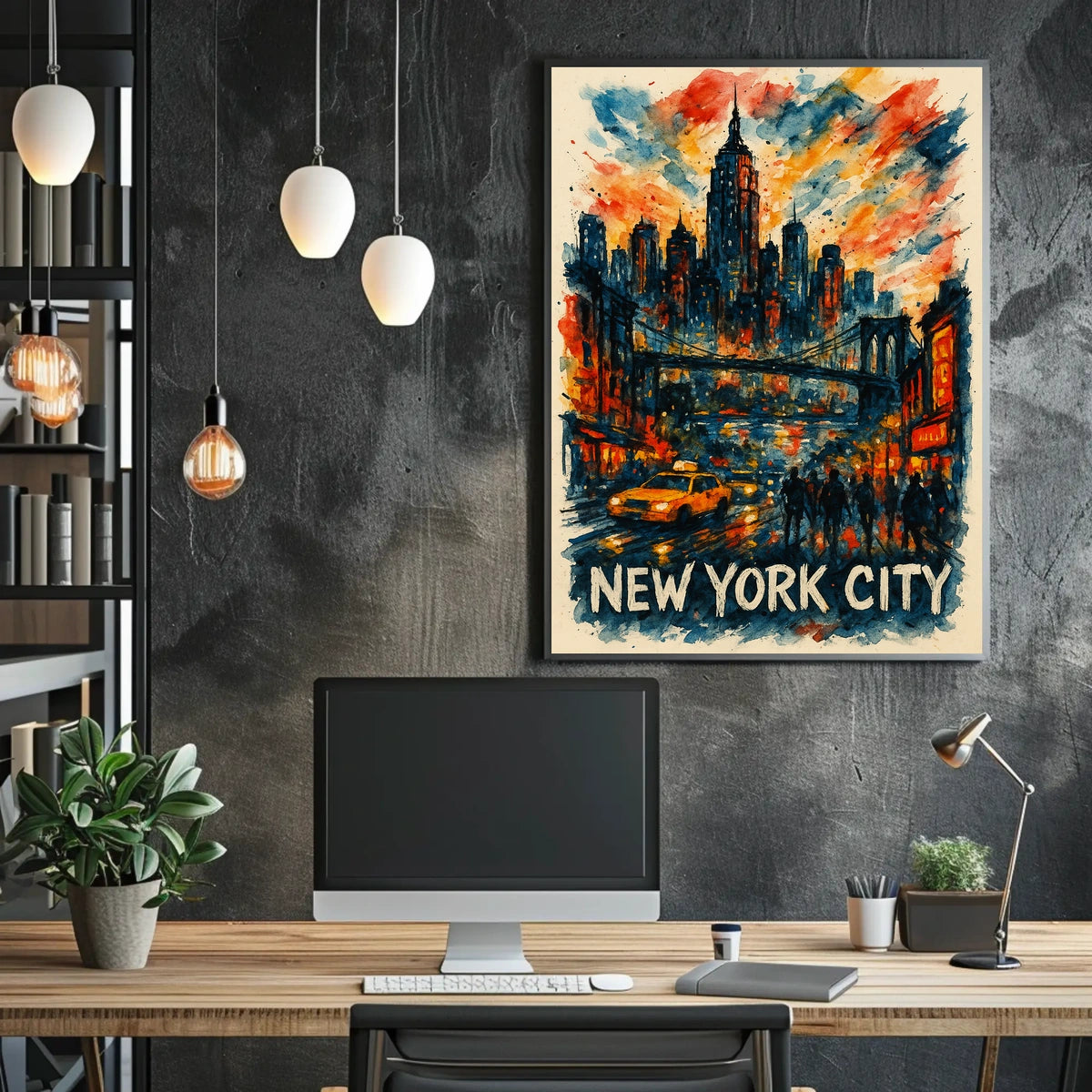 New York City Skyline Watercolor Poster Abstract Wall Art