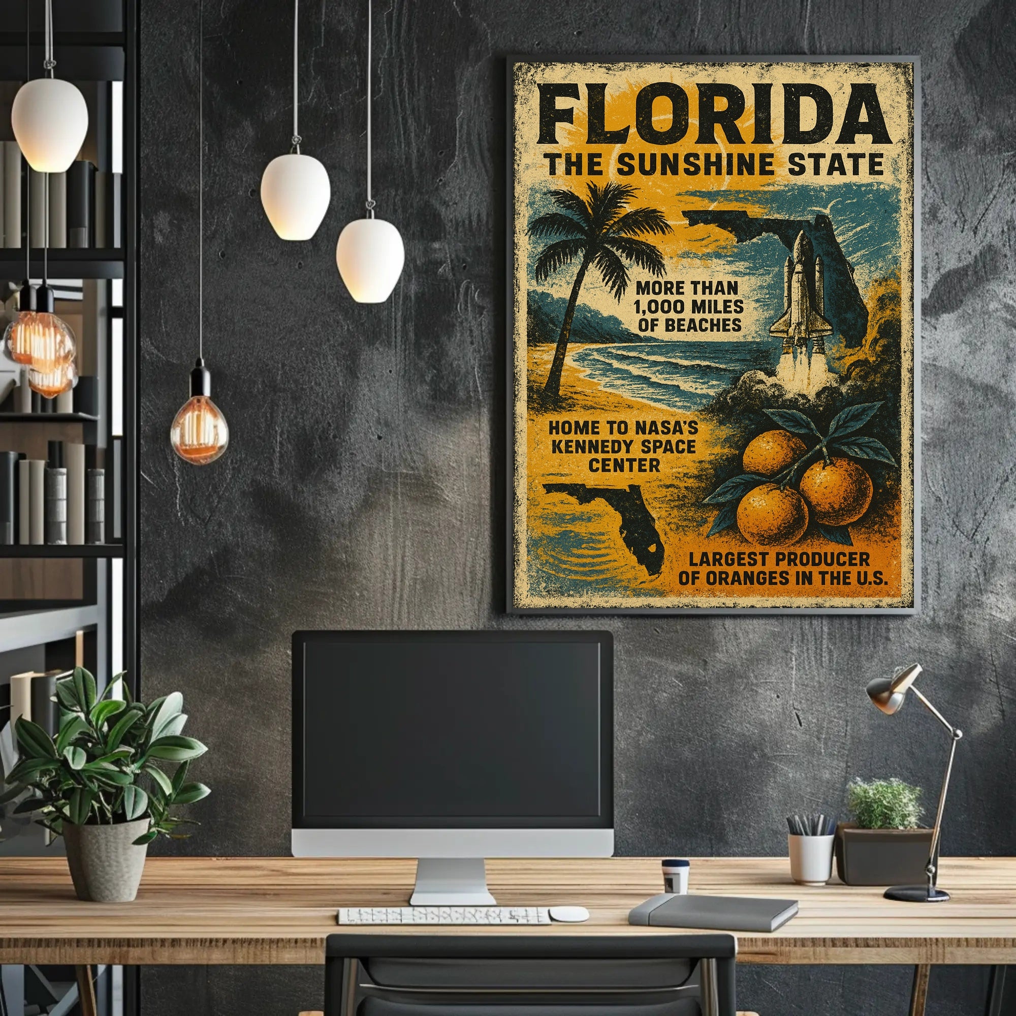 Florida Beaches and Space Launch Vintage Travel Poster