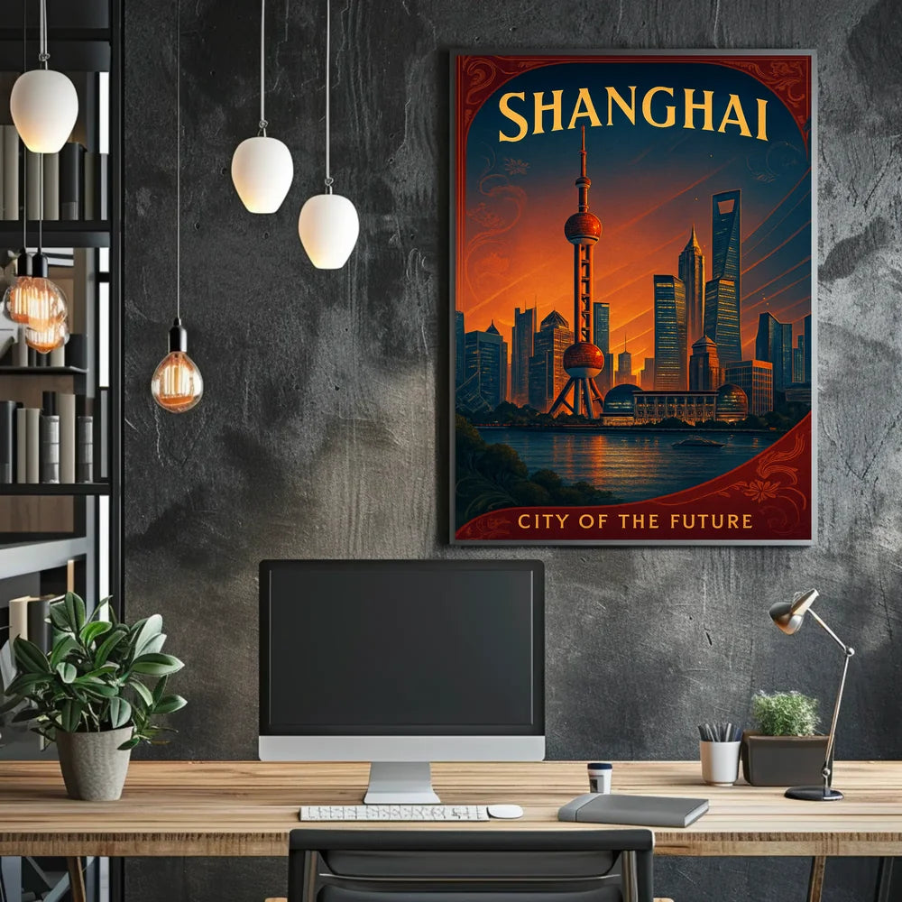 Shanghai Skyline Future Vision Retro Cityscape Urban Poster PosterGoat