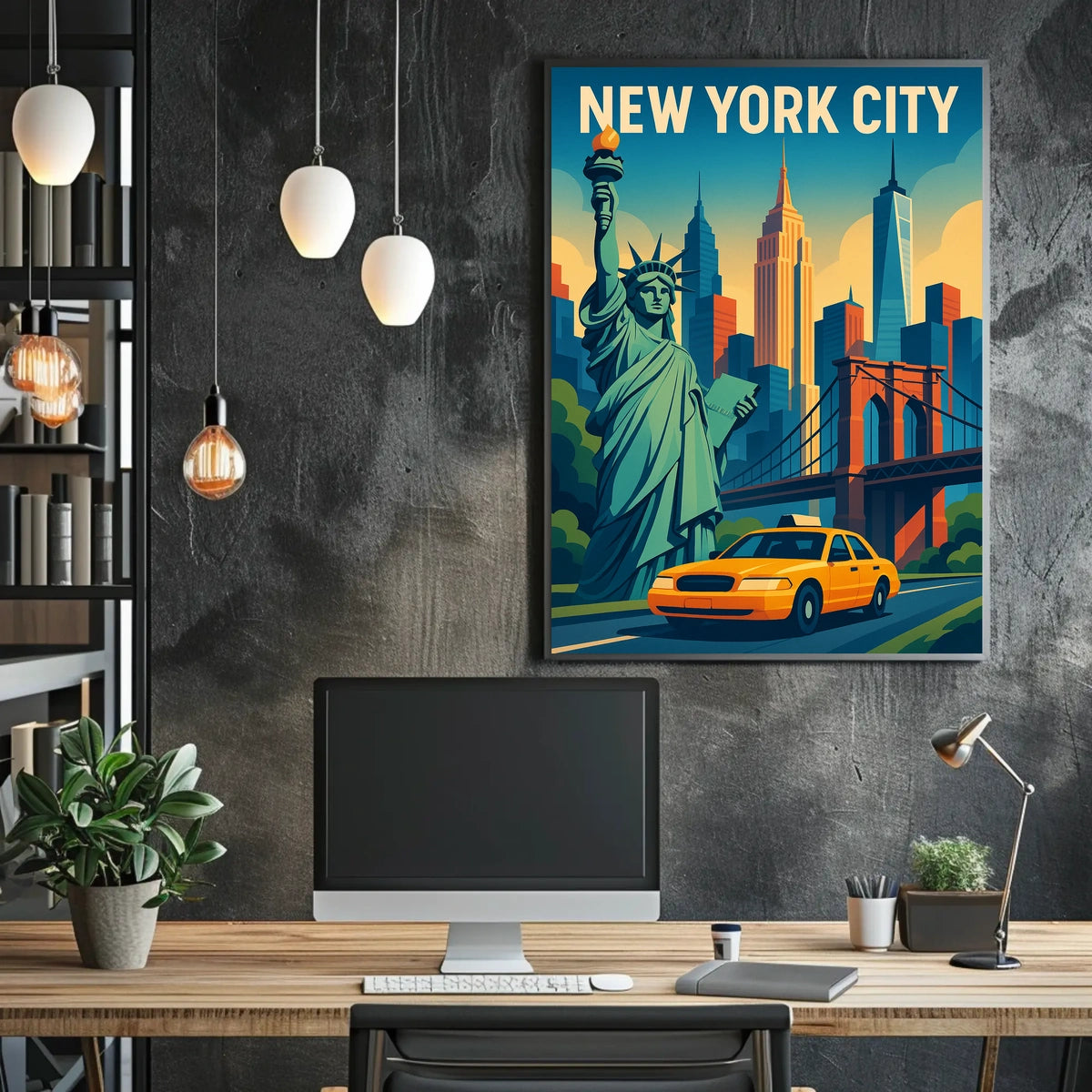 Iconic New York City Poster With Brooklyn Bridge Skyline