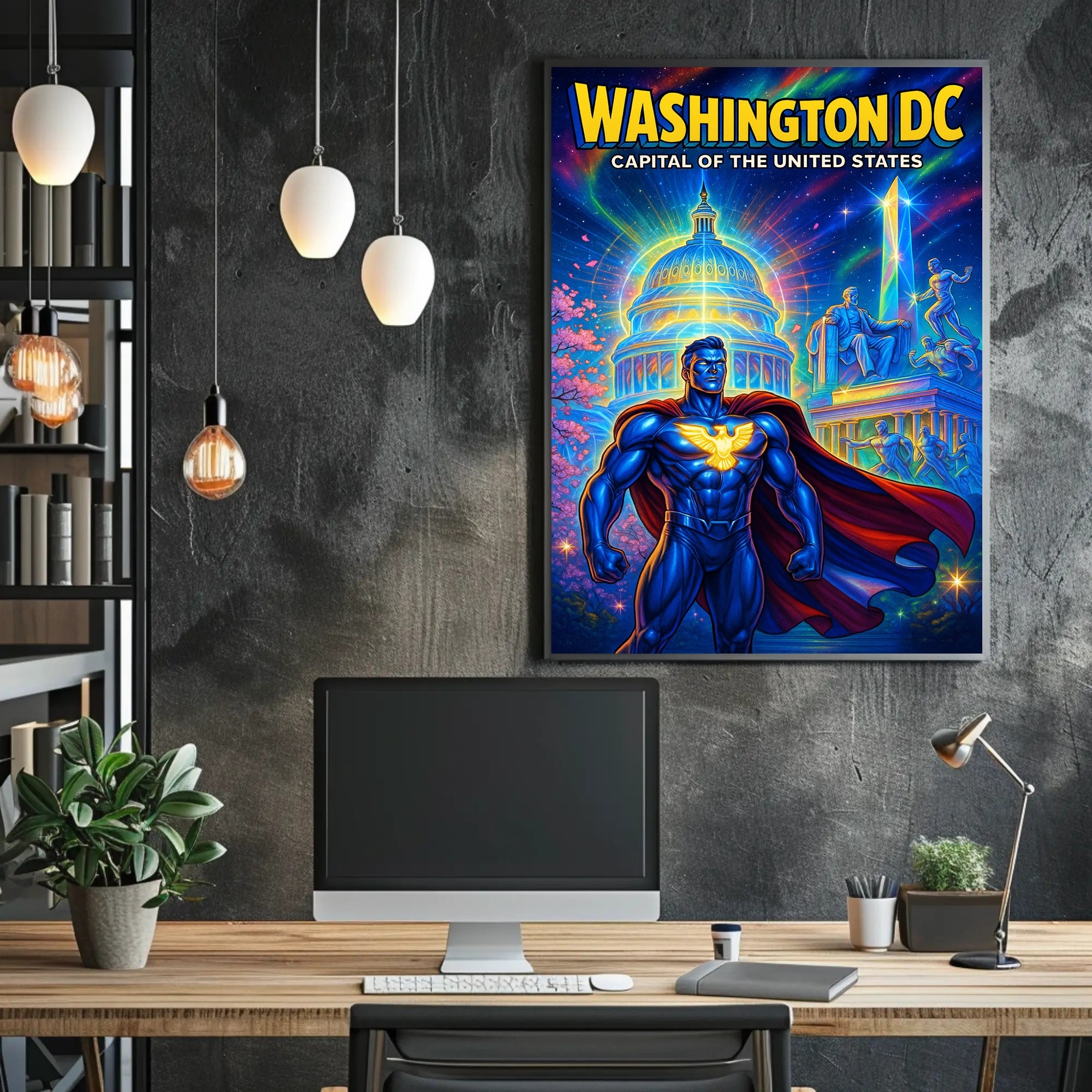 Superhero Patriotism in Washington DC Pop Culture Poster