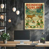 Reindeer Curling at the North Pole Poster