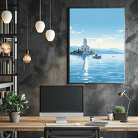 Serene Greek Coastal Church Travel Poster