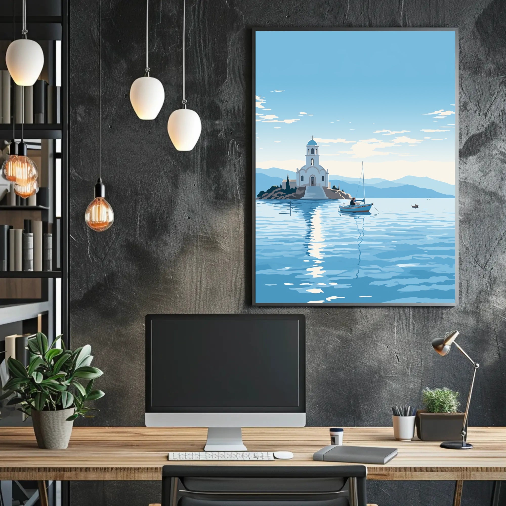 Serene Greek Coastal Church Travel Poster