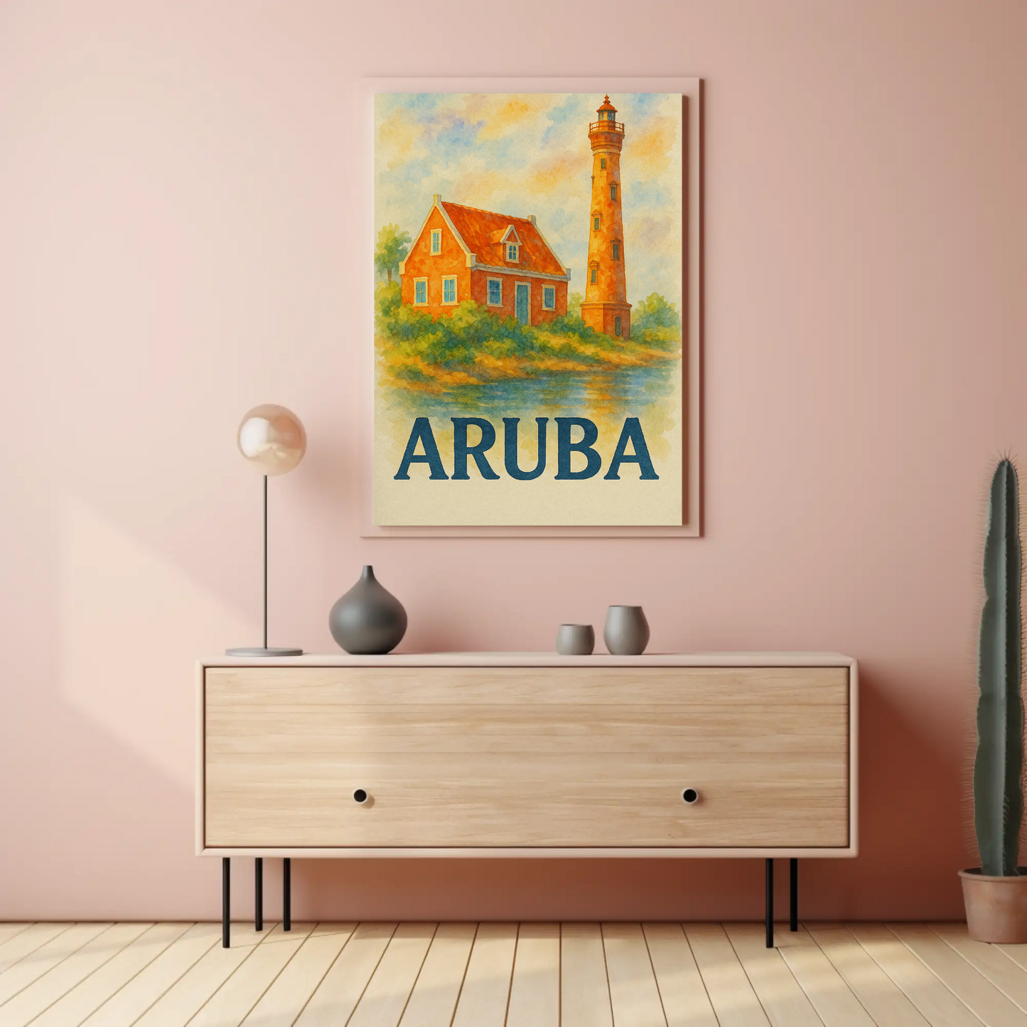 Aruba Lighthouse Ocean Hut Sunset Travel Poster
