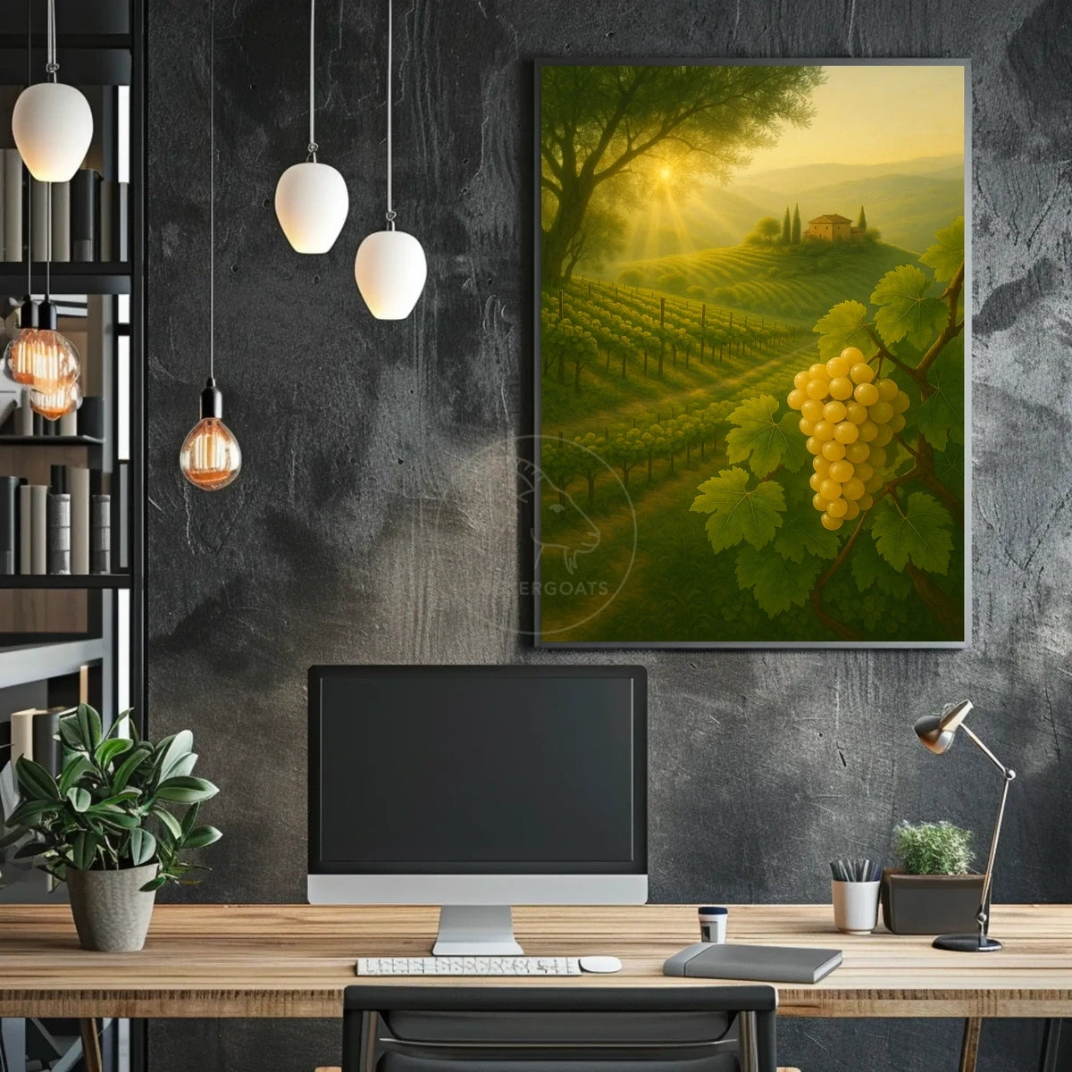 Serene Vineyard Landscape with Golden Grapes: Artistic Poster