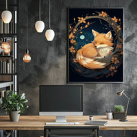 Moonlit Serenity Fox Autumn Leaves Digital Painting Poster