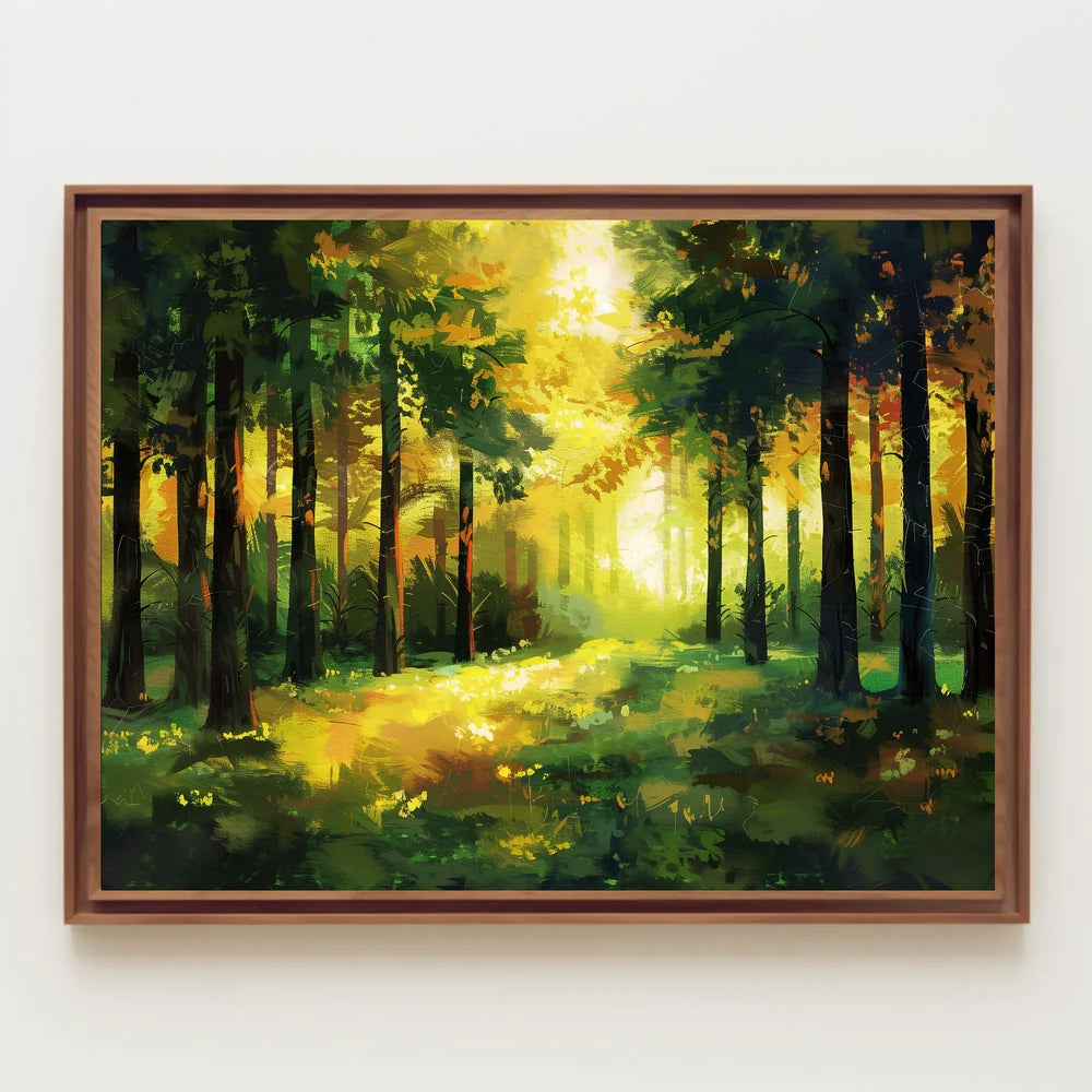 Golden Sunlit Forest: Impressionist Autumn Landscape Poster