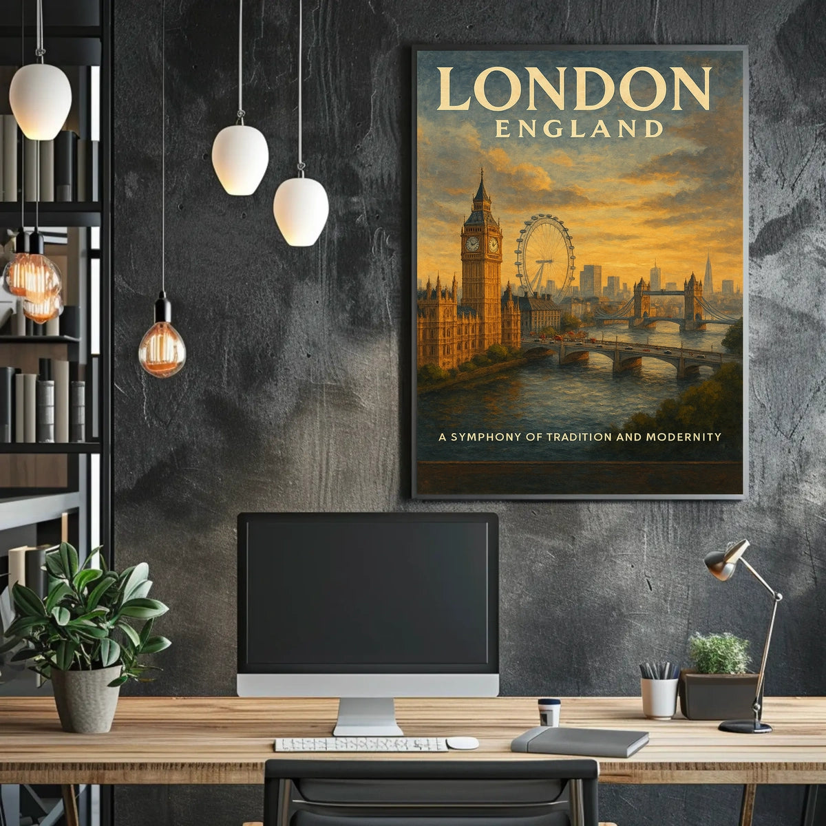 London Landmarks Vintage Poster: Big Ben, Eye, Bridge
