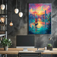 Hong Kong Harbor Sunset Impressionistic Art Poster
