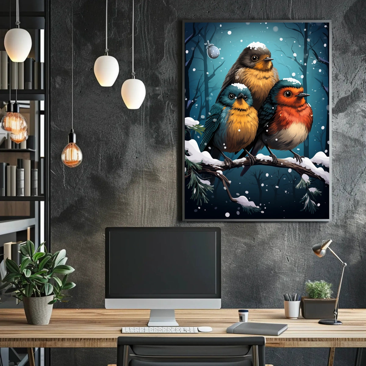 Winter Companions Colorful Birds Snowy Forest Watercolor Impressionism Nature Lovers Poster