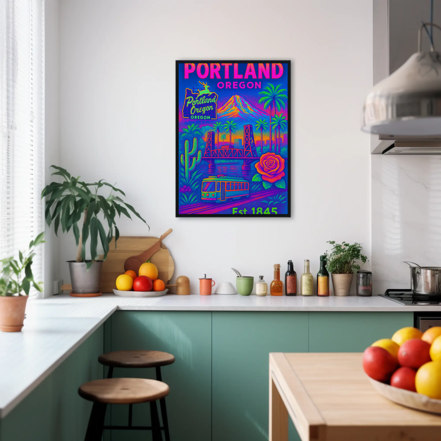 Portland Oregon Rose Bridge Mountain Vintage Travel Poster
