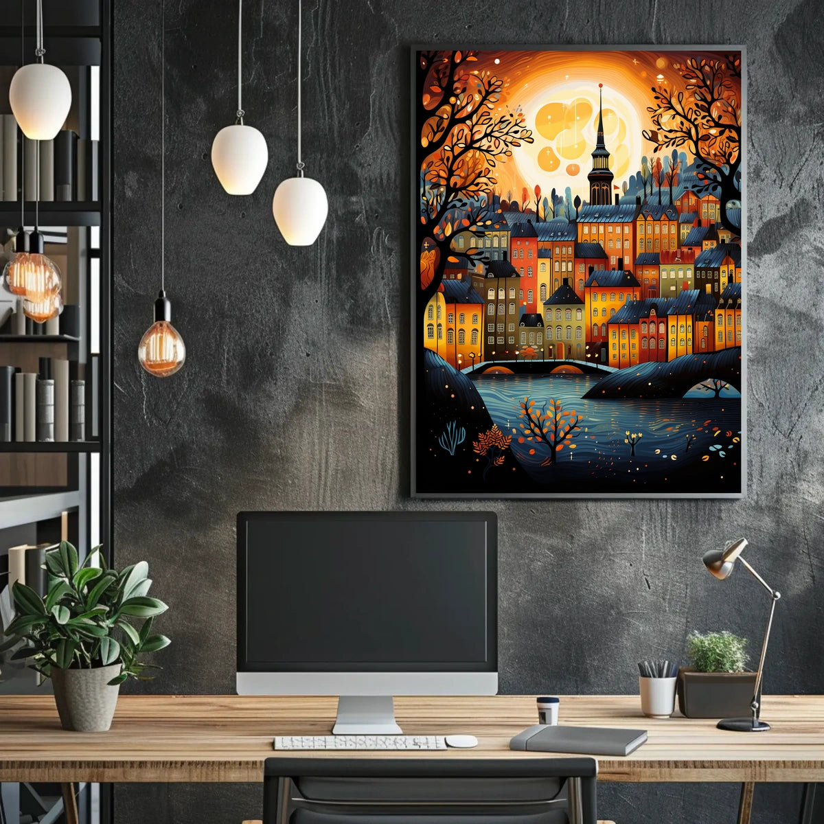 Vibrant Moonlit Classic European Townscape Art Travel Poster