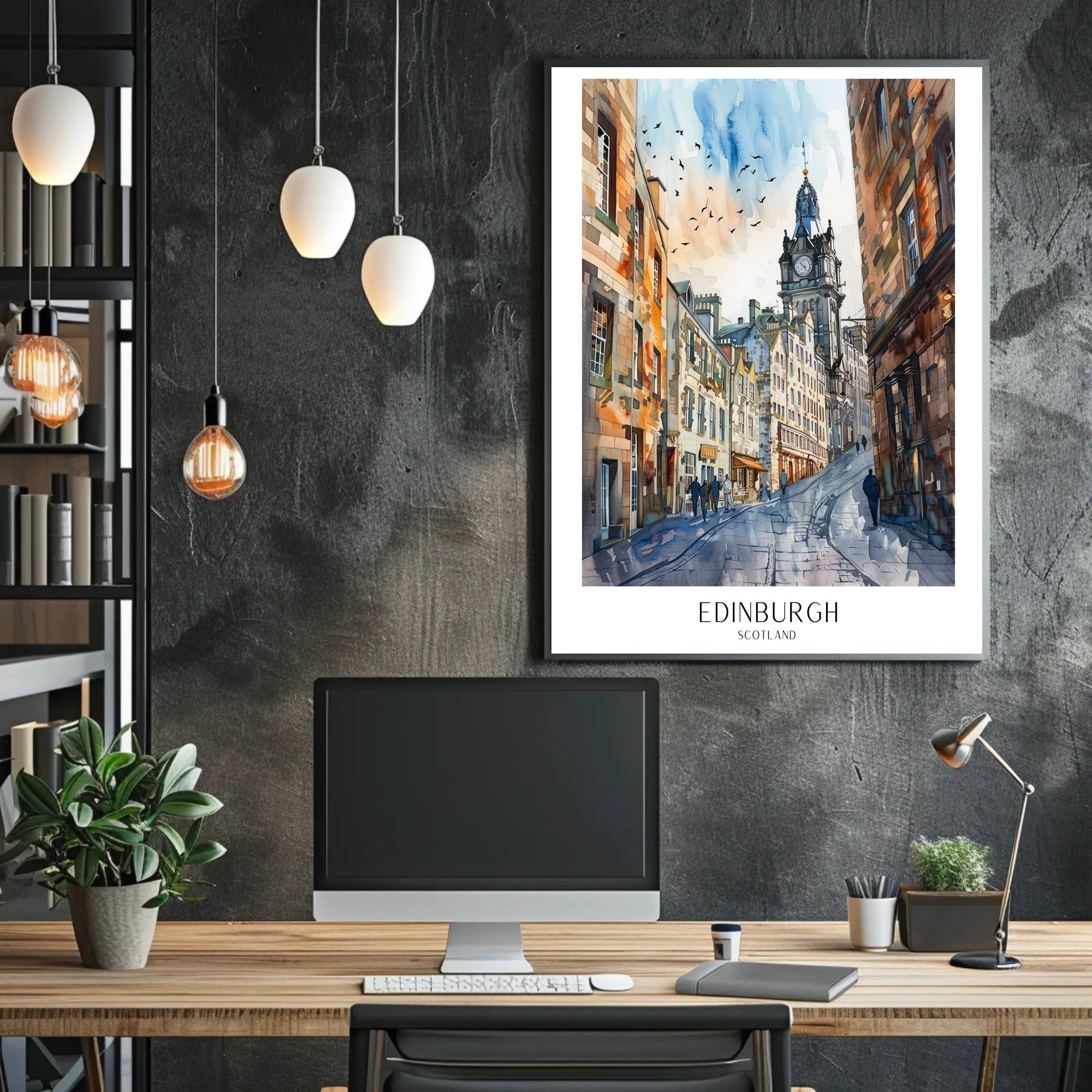 Edinburgh Street Scene in Watercolor Travel Poster PosterGoat