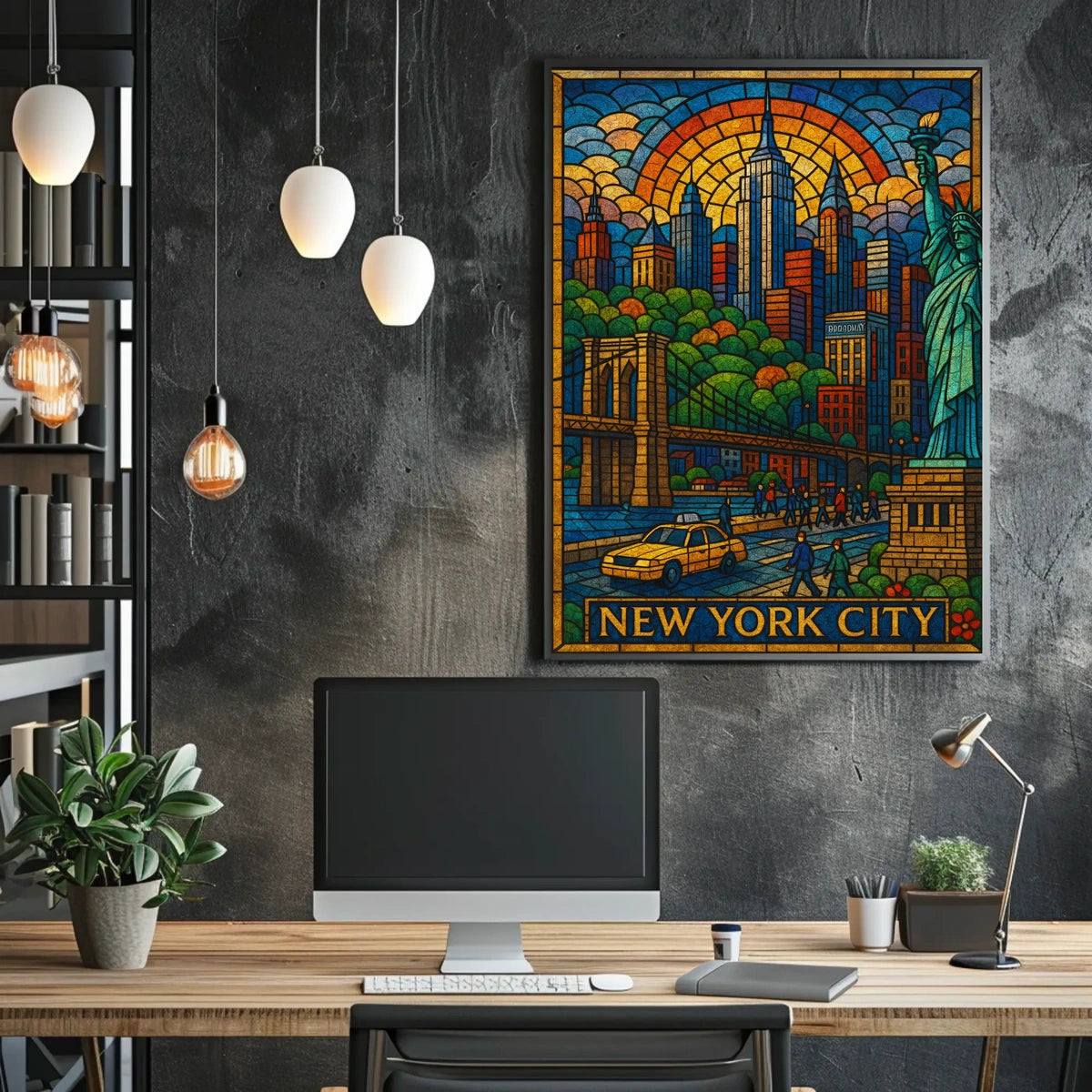 New York City Vibrant Stained Glass Poster Modern Wall Art
