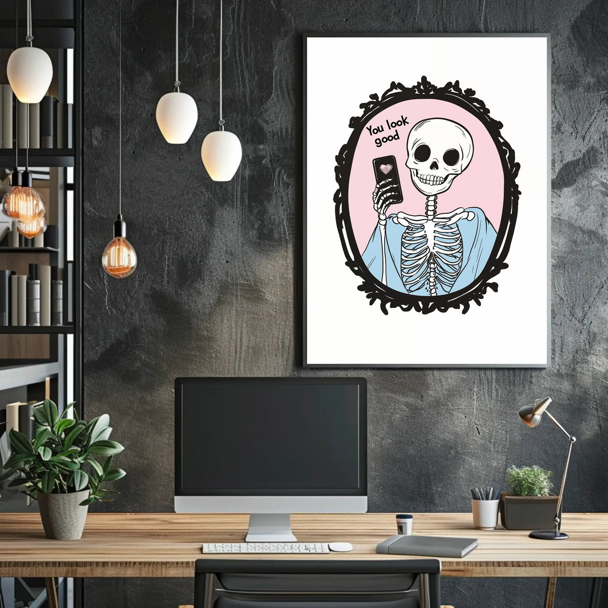 Humorous Skeleton Self-Image Cartoon Phone Heart Poster