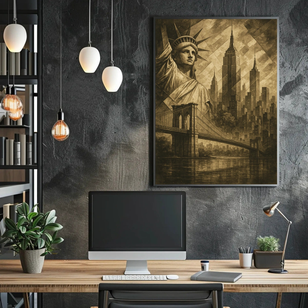 New York City Skyline Landmarks Poster Vintage Wall Art