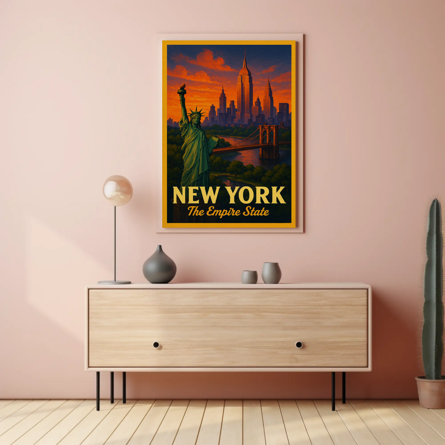 New York Empire State Liberty Brooklyn Bridge Sunset Travel Poster