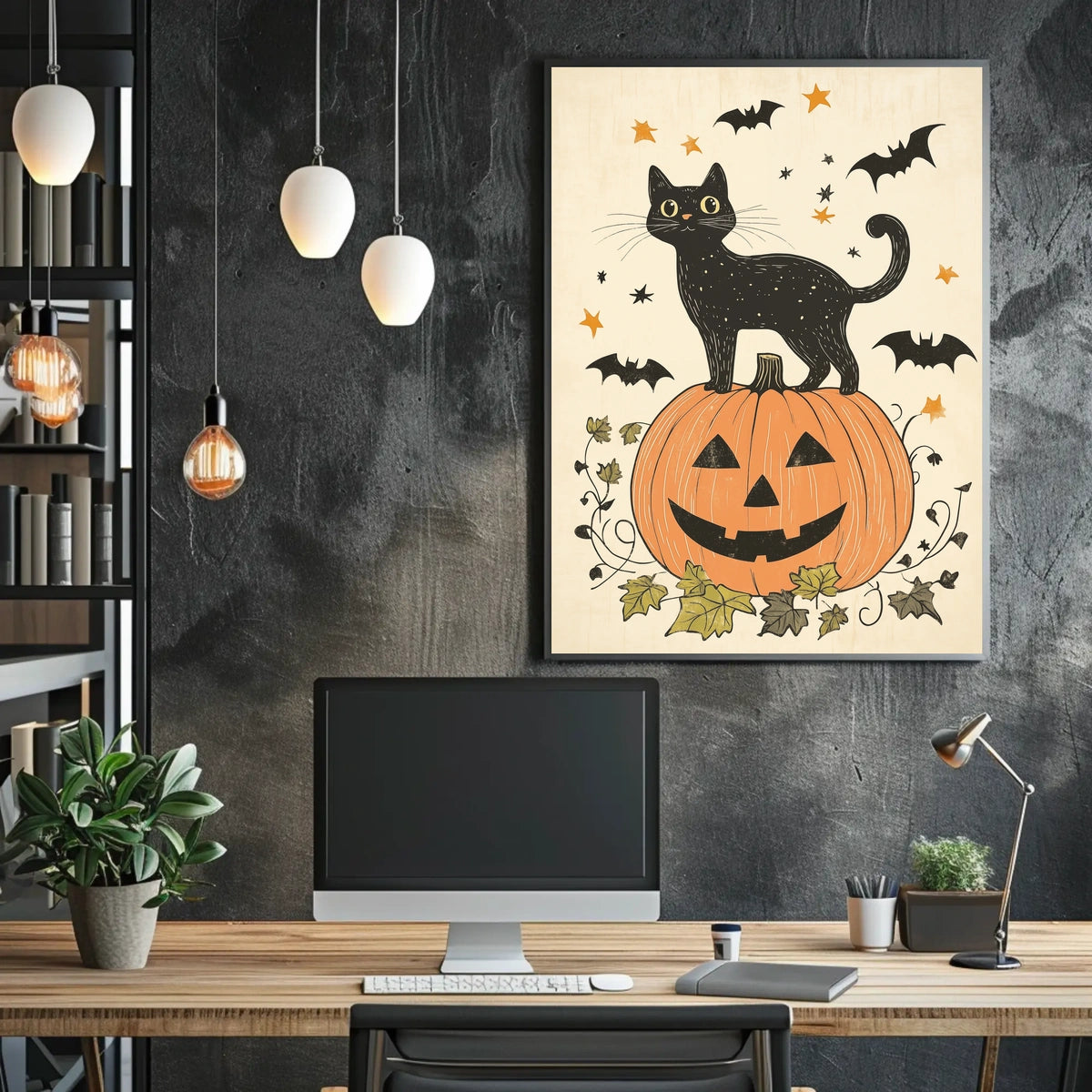 Halloween-Themed Black Cat Carved Pumpkin Bats Stars Poster