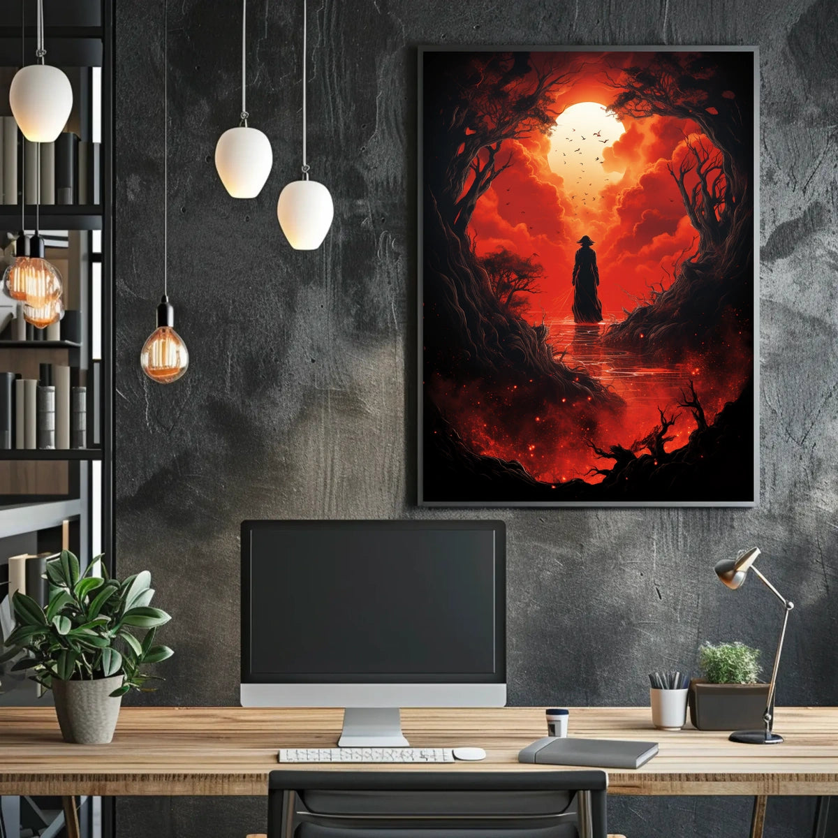 Wandering Traveler in Fiery Fantasy Landscape Poster