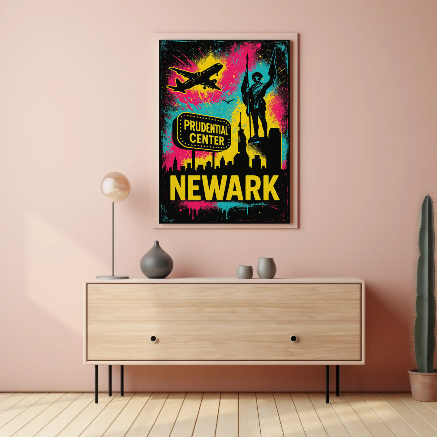 Newark New Jersey Neon Prudential Center Skyline Travel Poster