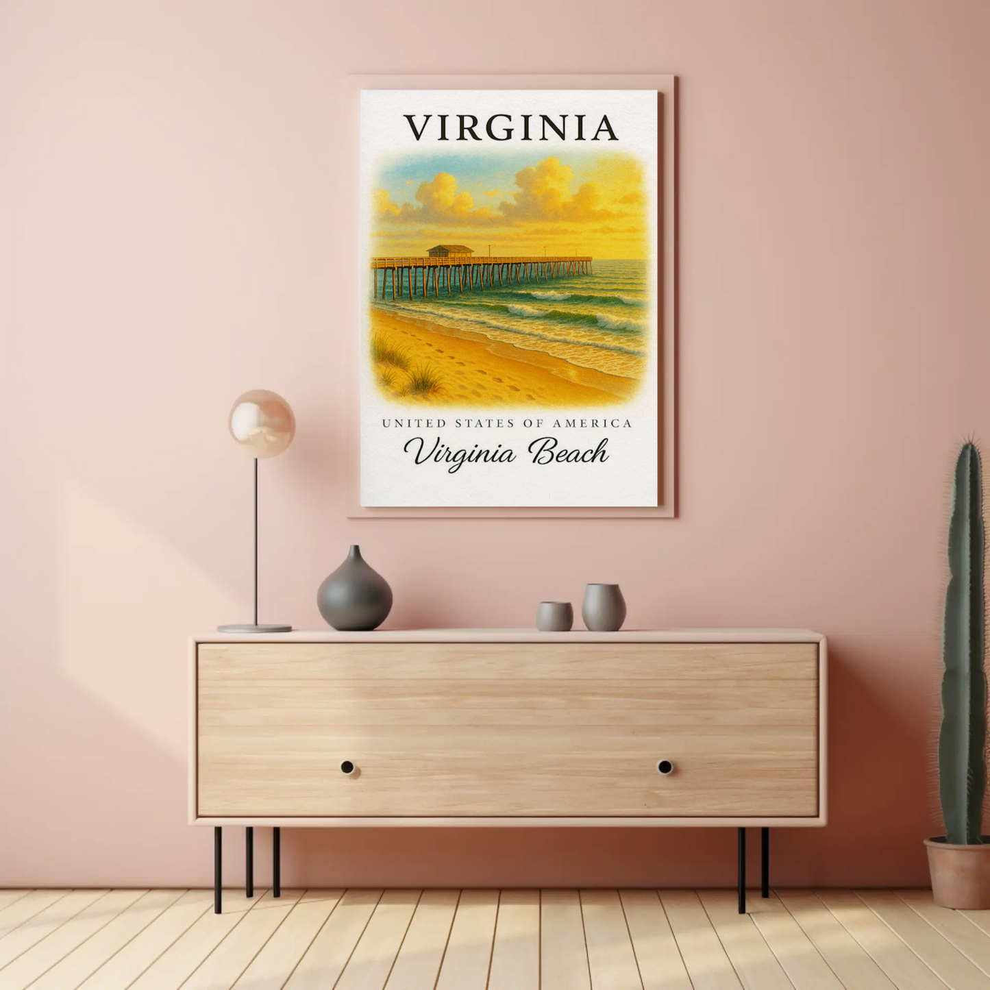 Virginia Beach Pier Ocean Sunset Classic Seaside Travel Poster