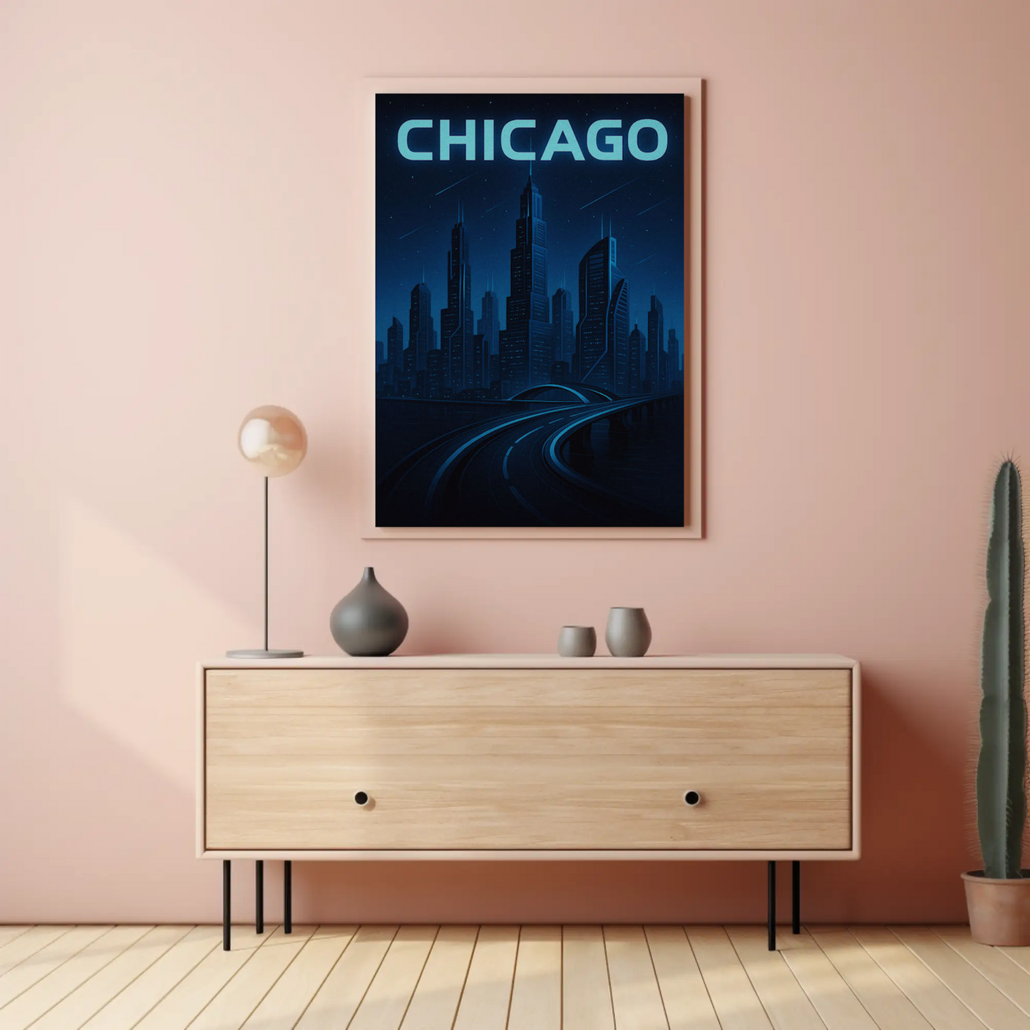Chicago Futuristic Night Cityscape Blue Lights Travel Poster