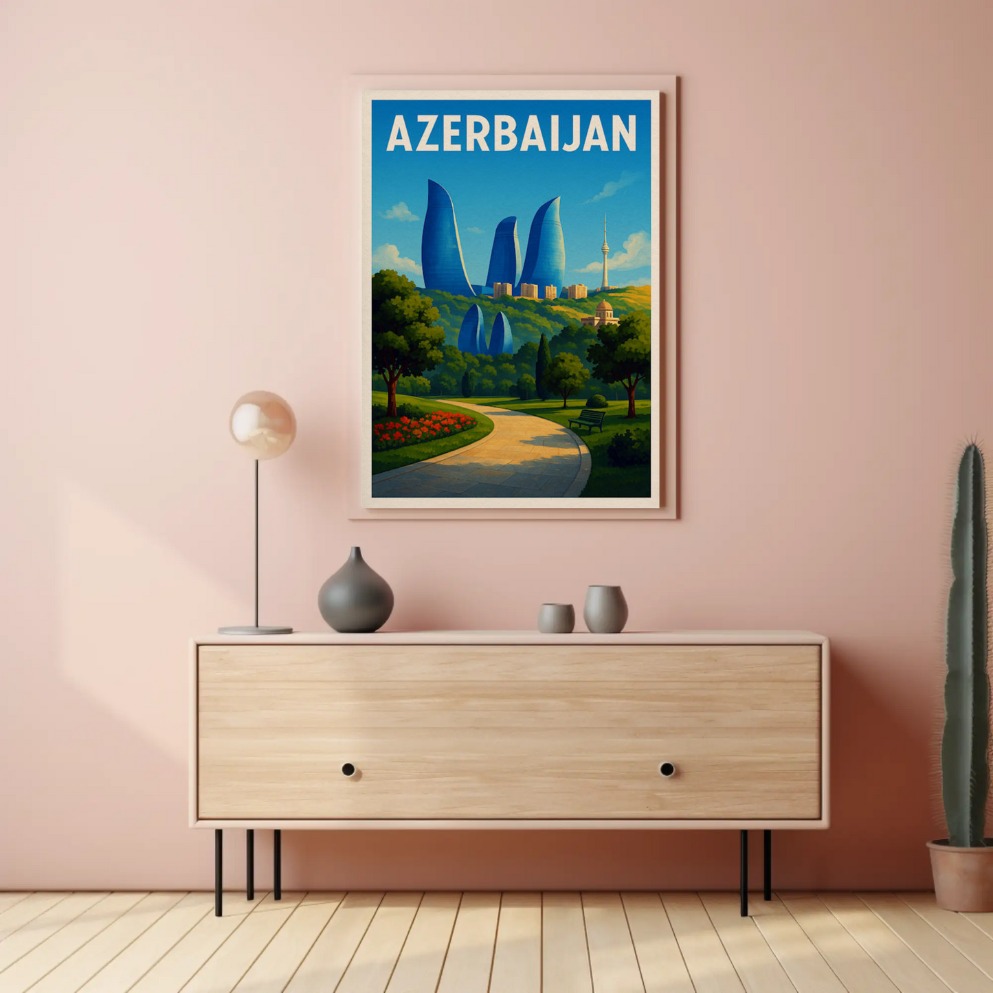 Azerbaijan Baku Flame Towers Park Path Travel Poster