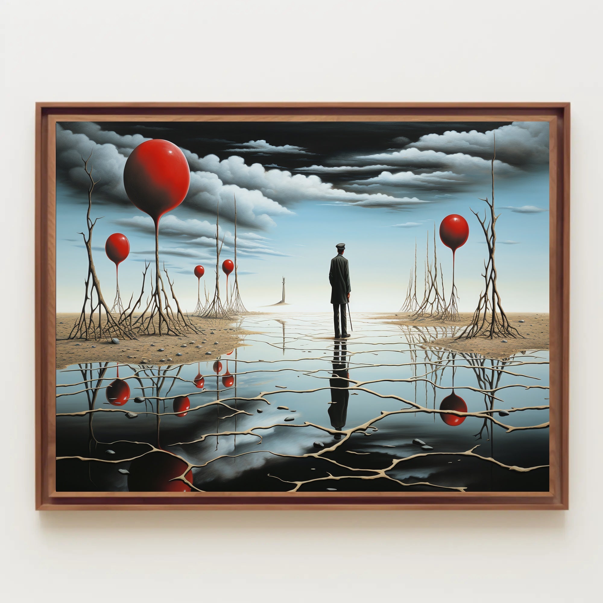 Enigmatic Reflection: Surreal Landscape with Timeless Figure Poster