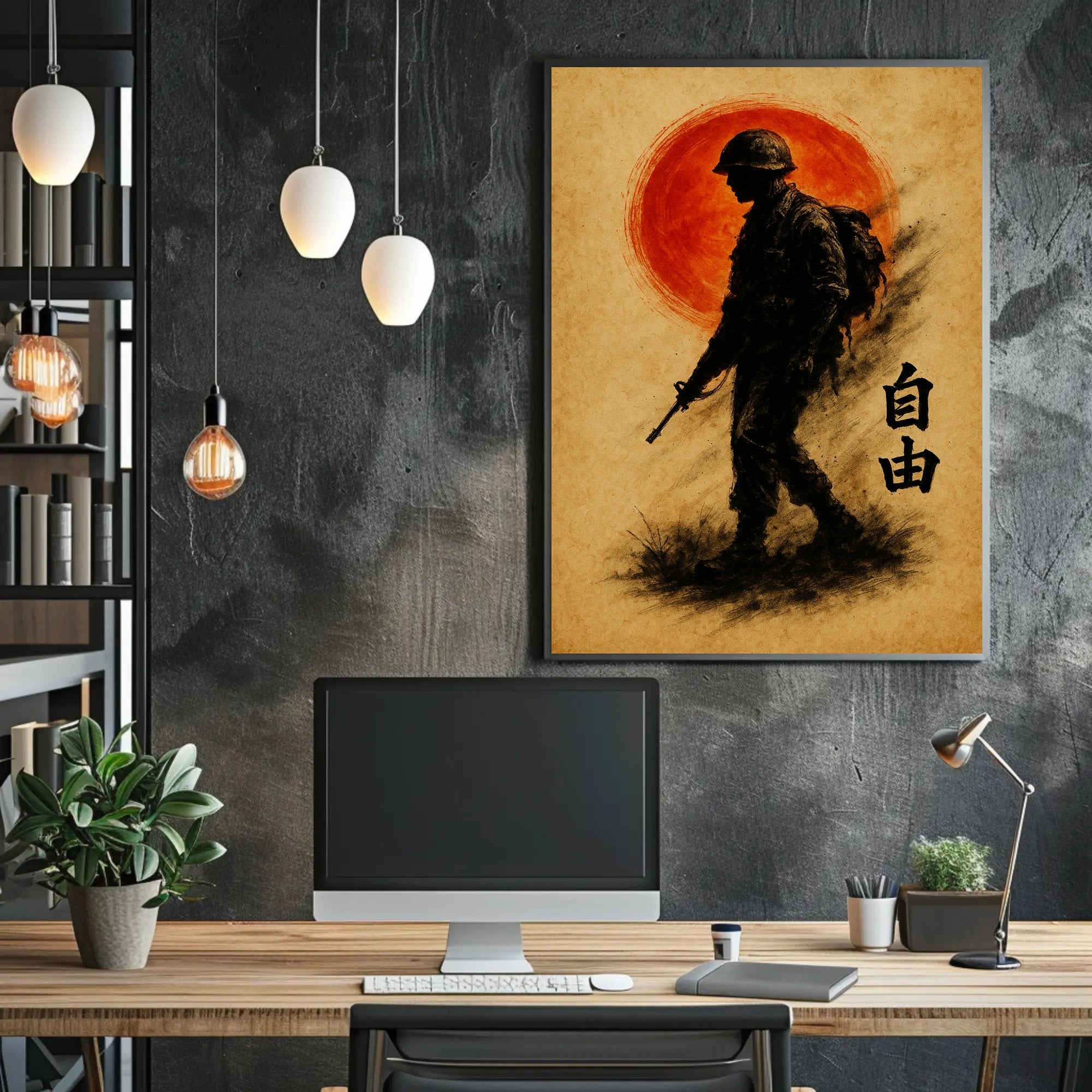 Silhouette Soldier with Crimson Sun WWII Poster