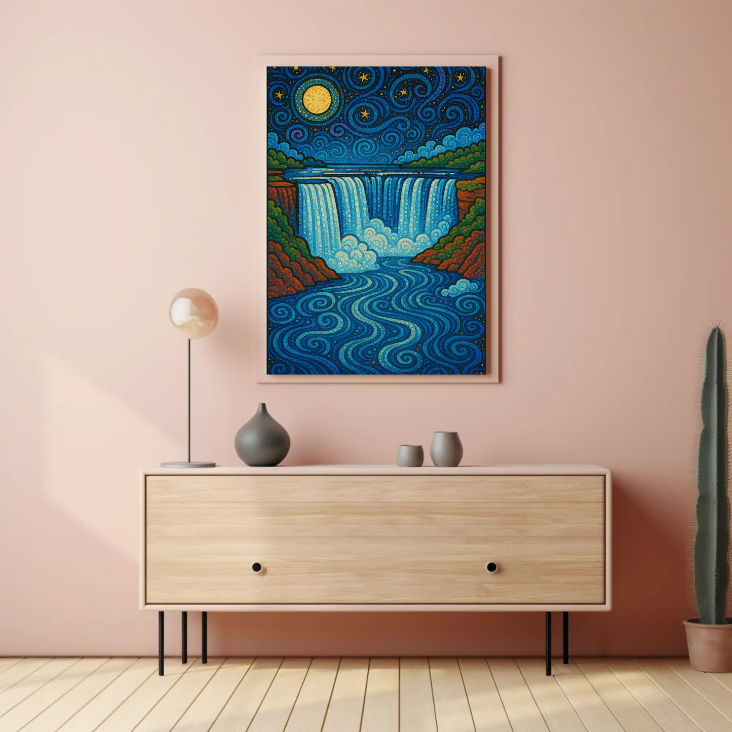 Starry Waterfall Night Moon Swirling Travel Poster
