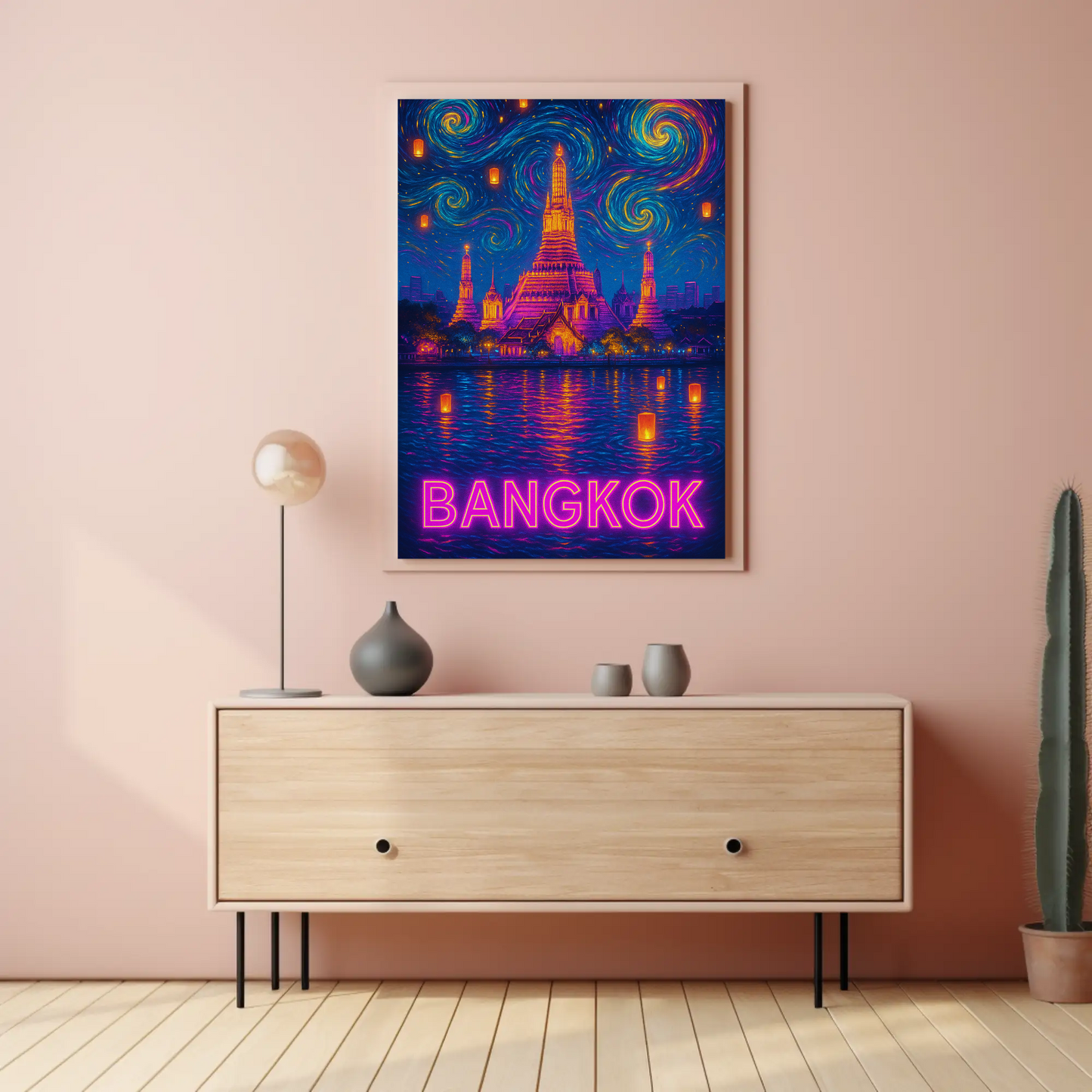 Bangkok Neon Temple Night Travel Poster