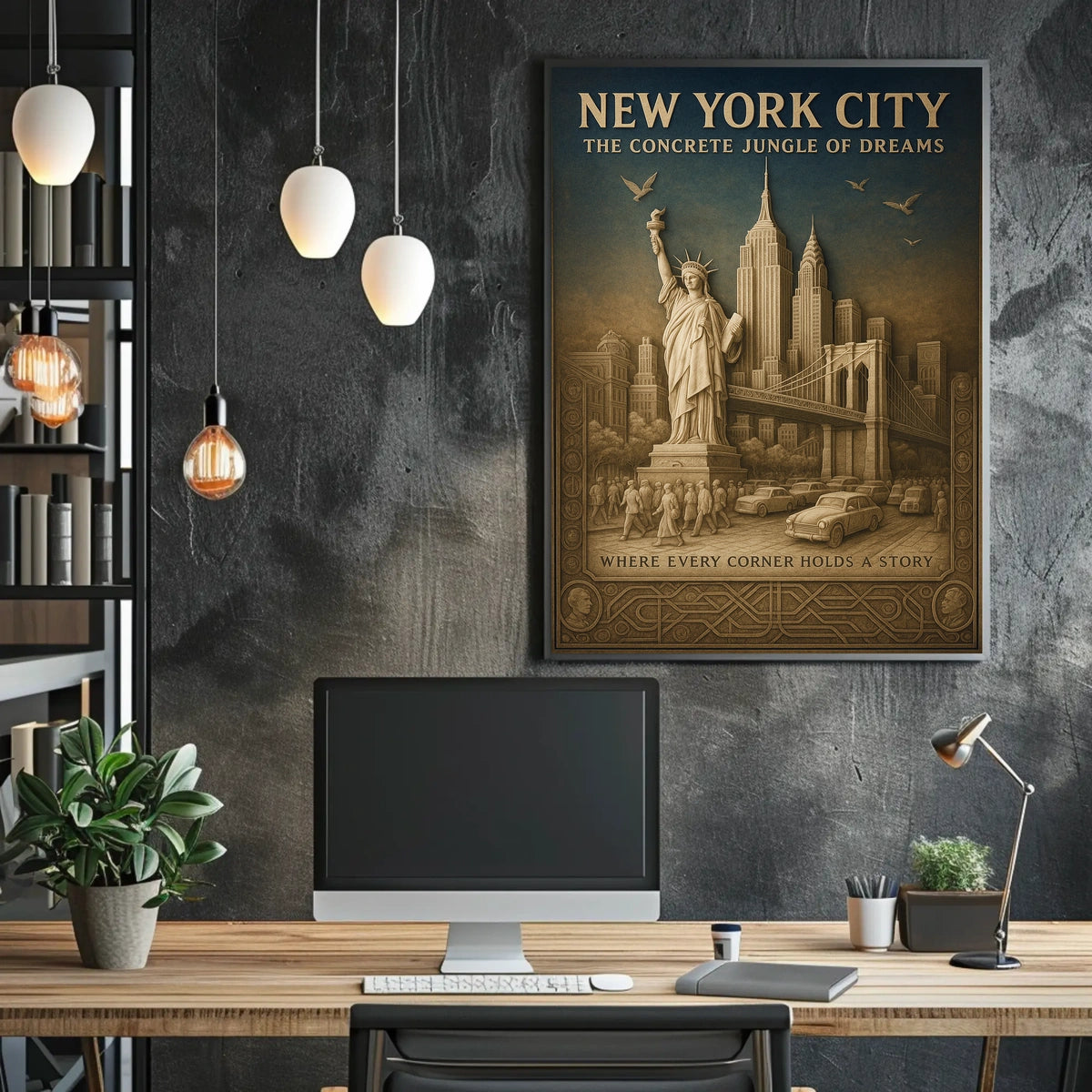 New York City Landmarks Cityscape Poster Vintage Wall Art