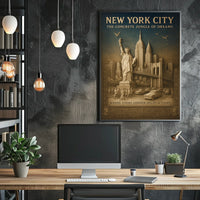 New York City Landmarks Cityscape Poster Vintage Wall Art