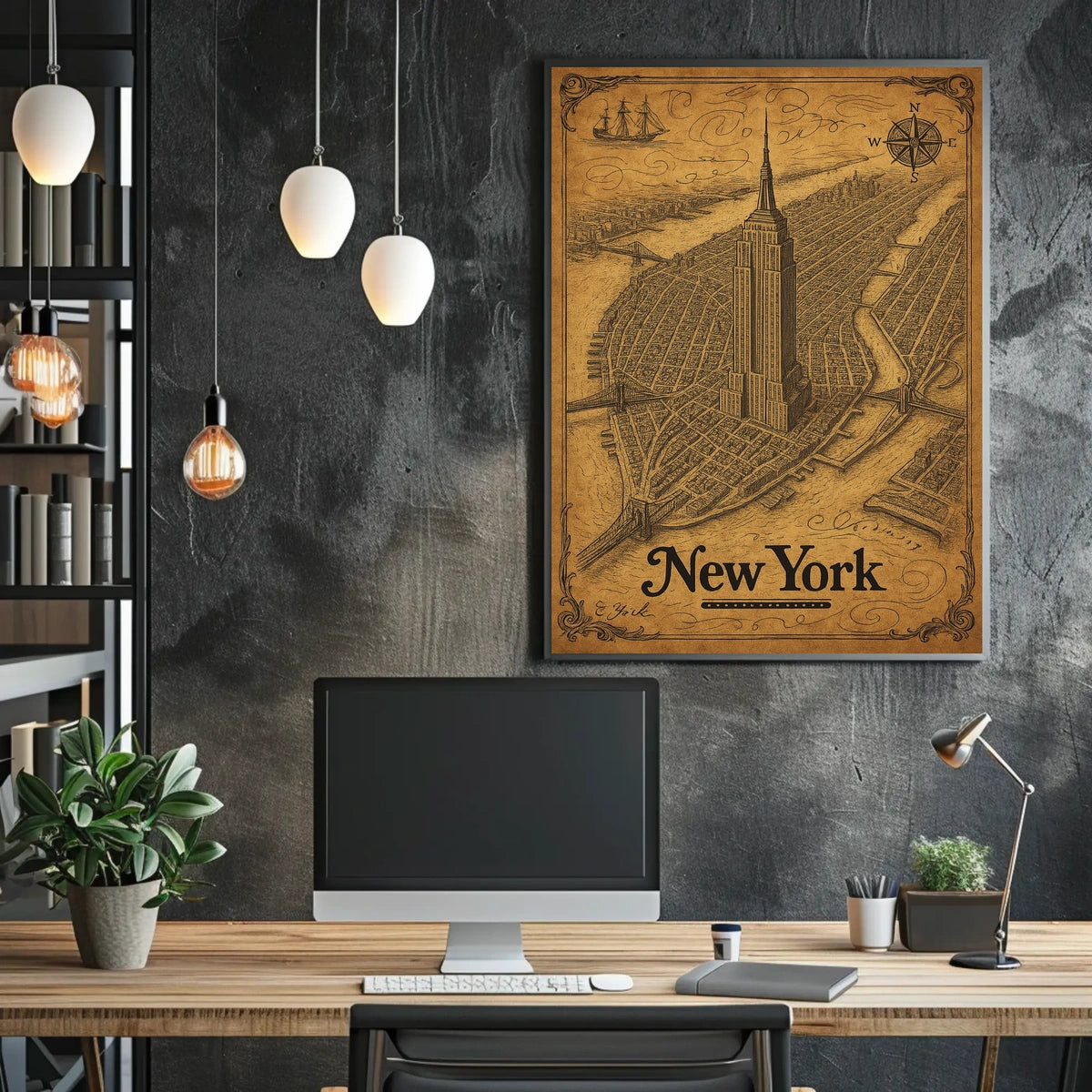 New York Cityscape Illustration Poster Vintage Wall Art