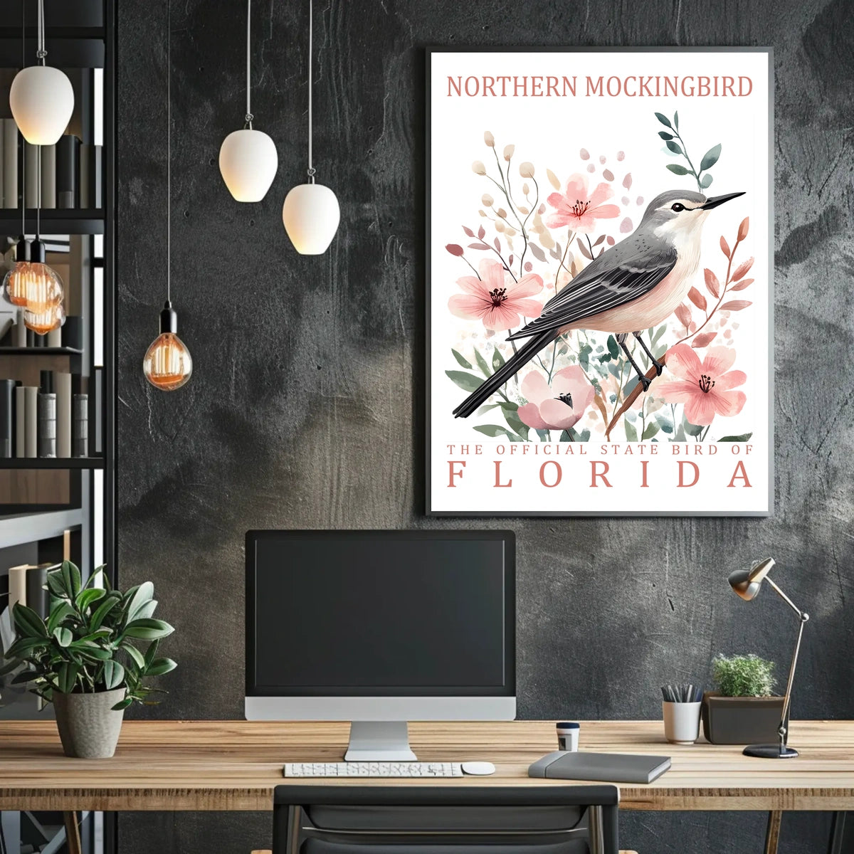 Northern Mockingbird Florida Watercolor Art Poster Decor