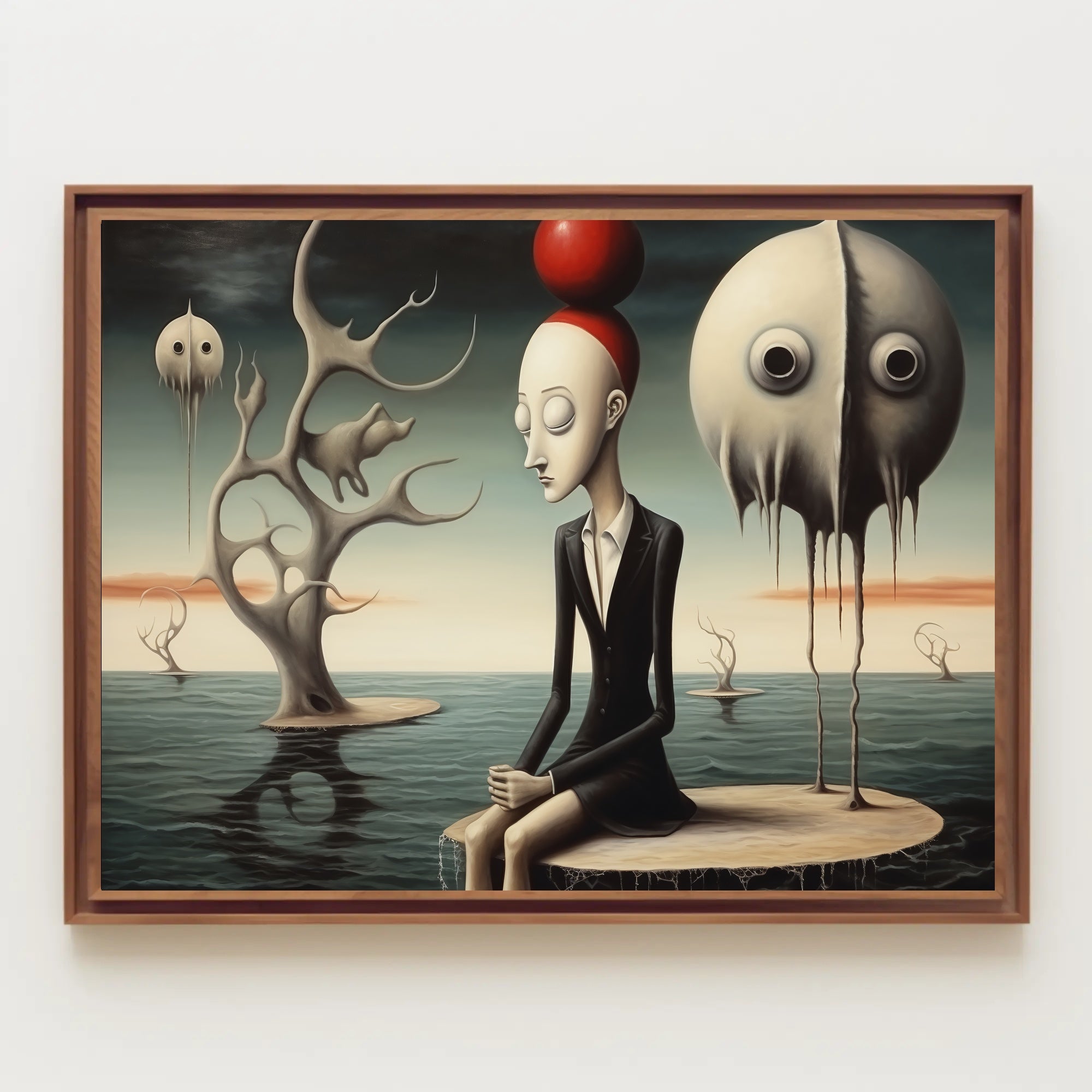 Surreal Humanoid with Red Sphere Hat Artistic Poster