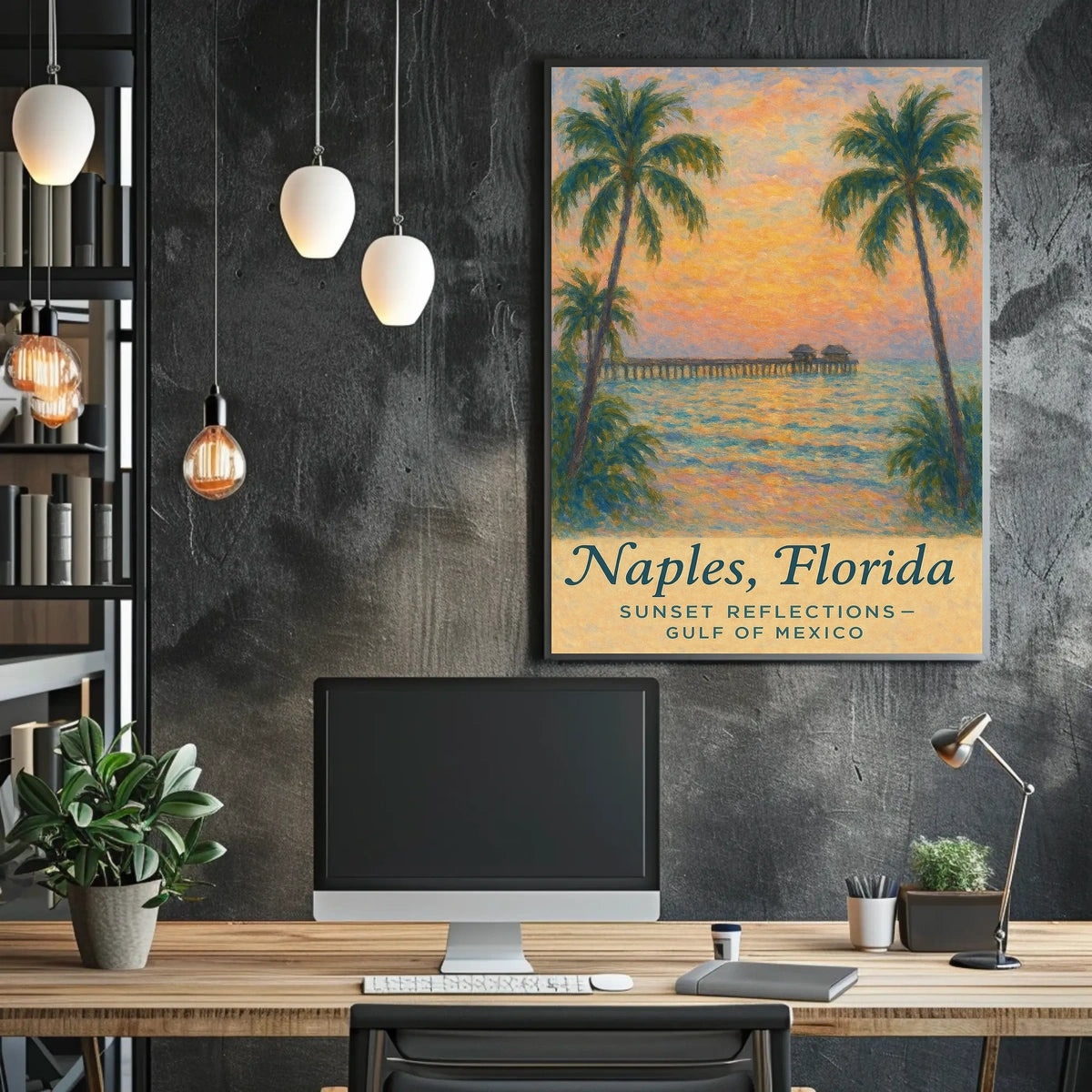 Naples Sunset Pier Impressionistic Art Poster