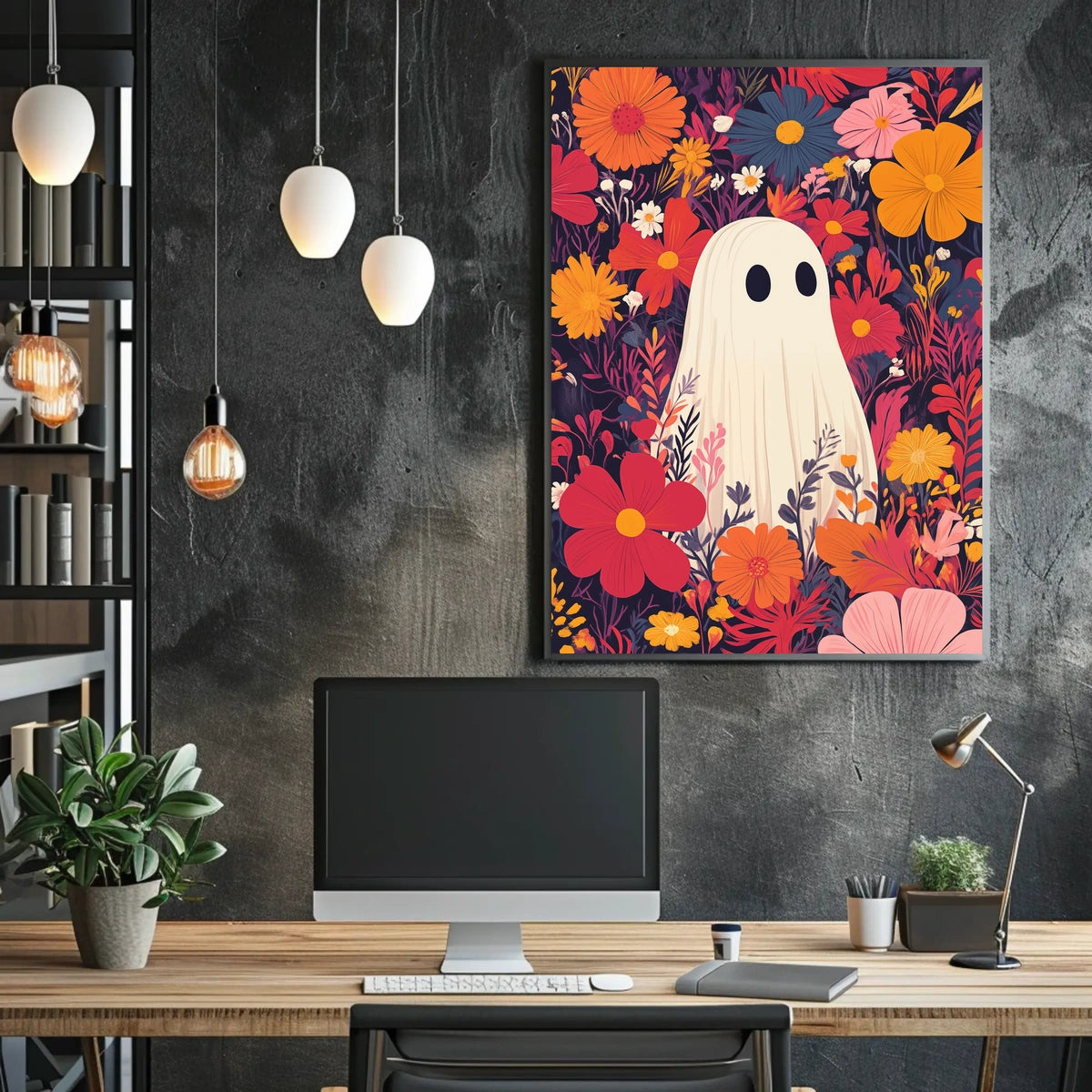 Ghostly Figure Amidst Flowers Whimsical Playful Poster