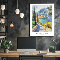 Kefalonia Coastal Village Watercolor Travel Poster PosterGoat