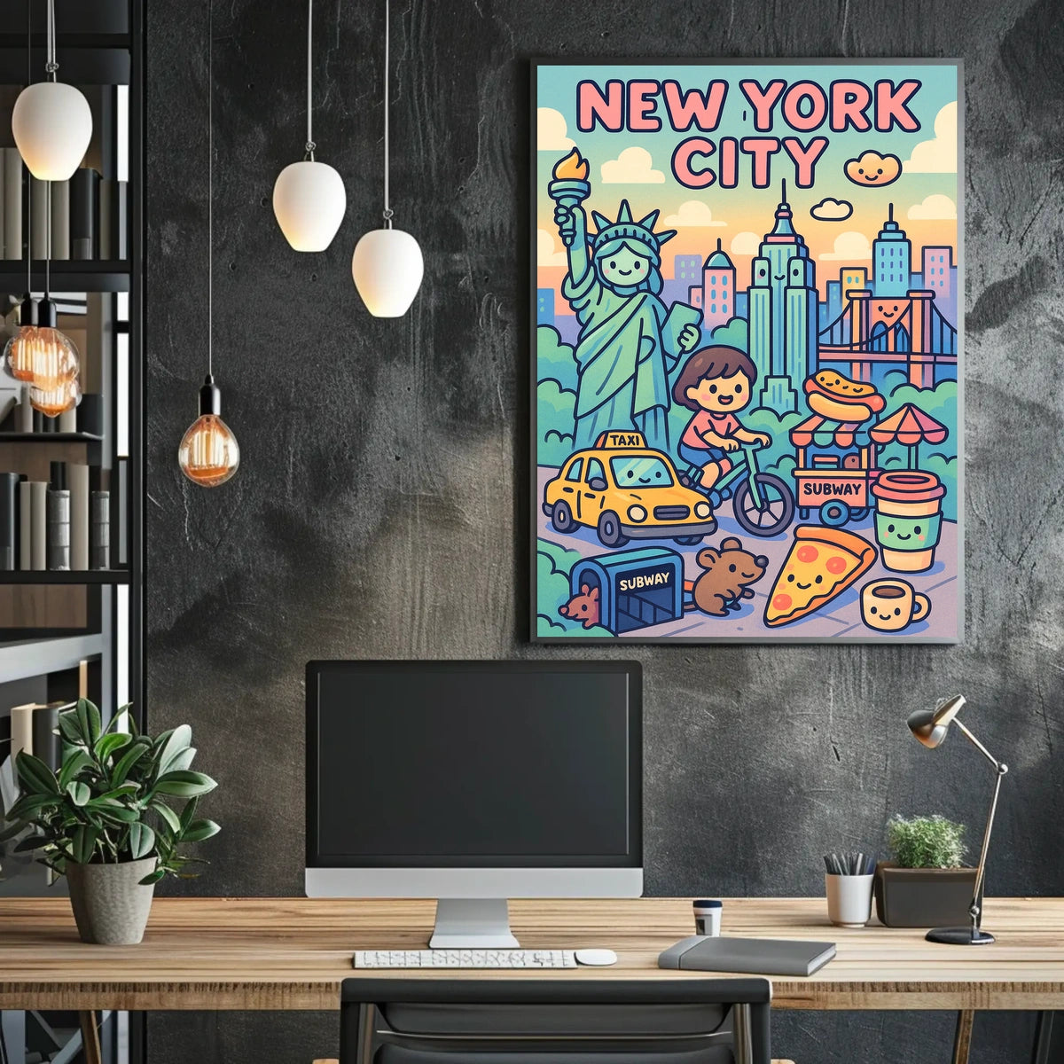 New York City Whimsical Cartoon Poster Modern Wall Art